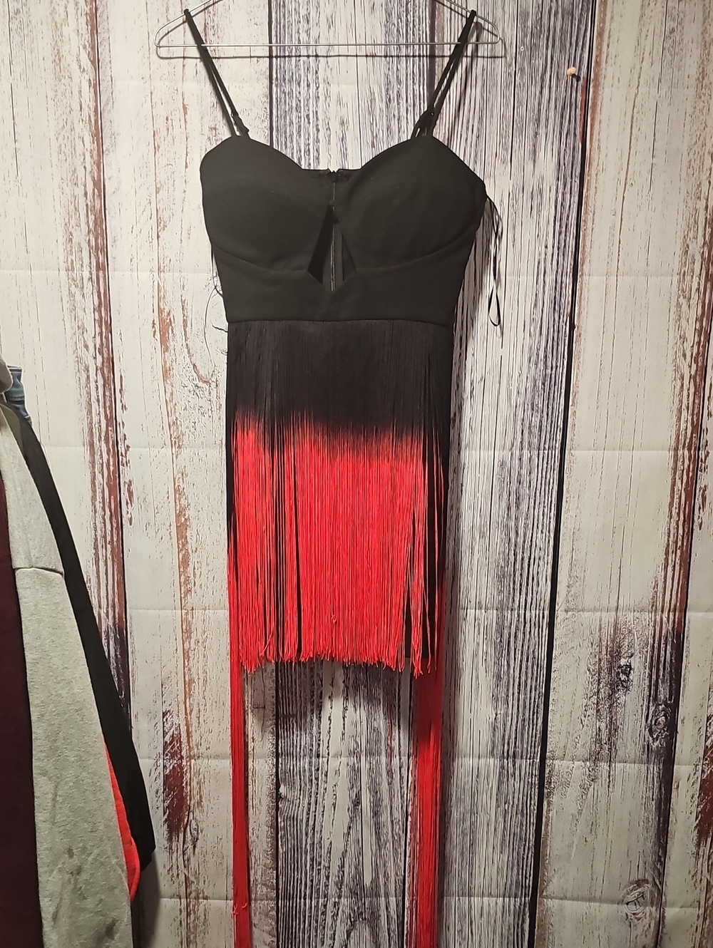 AKIRA Black and Red Fringe Mini Dress with Spaghetti Straps